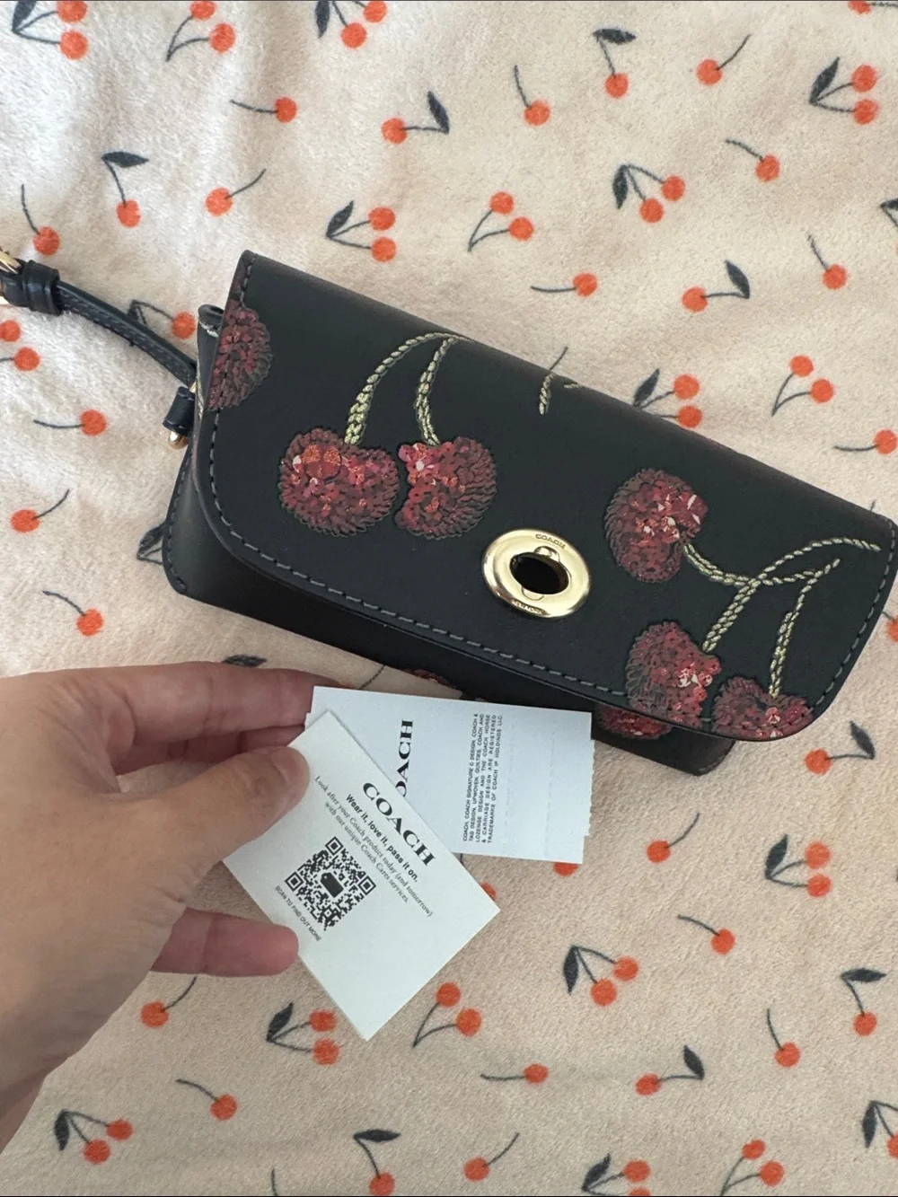 Coach Cherry-Embroidered Leather Wristlet Key Case - Black